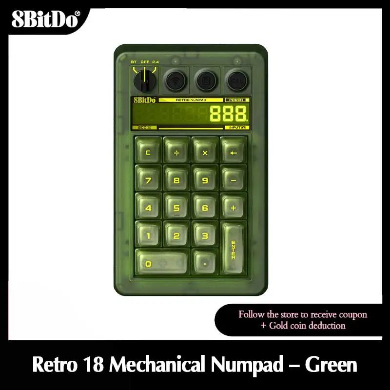 8BitDo Retro 18 Teclado Numérico Mecánico - Jade, Bluetooth/2.4G/Teclado Numérico con Cable, Modo Calculadora, 18 Teclas, Accesorios de Juego para PC Android