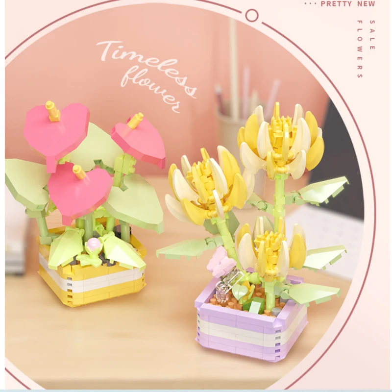 Sunflower Bricks Rose Tulip Flower Bouquet Carnation 3D Building Block Home Decoration Plant Potted Valentine For Girls