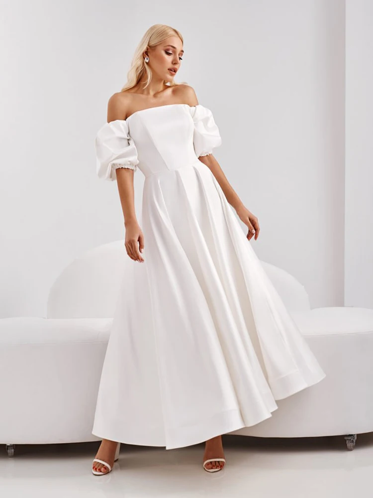 

Summer Elegant White Women Party Dress Temperatment Bubble Short Sleeves Solid Evening Dress Off The Shoulder Sexy Vestidos Robe