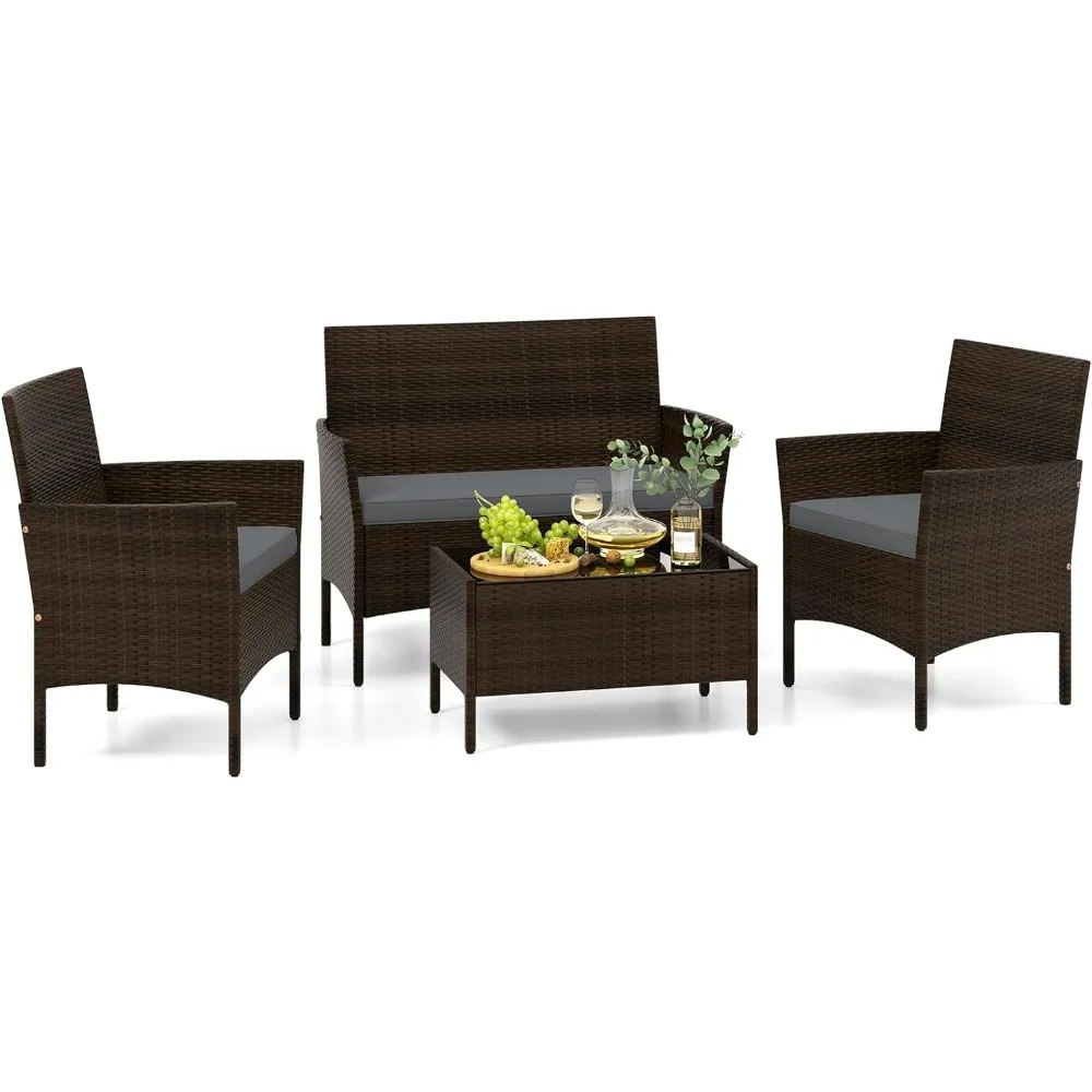 4 Piece Patio Rattan Conversation Set, Outdoor Wicker Furniture Set with Chair, Loveseat & Tempered Glass Table, Cozy Seat