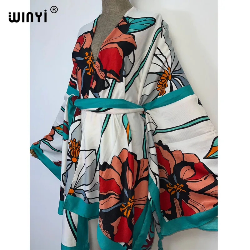 2022 NEW WINYI Summer Beach Wear Swim Suit Cover up sweet lady boho Cardigan stitch Self Belted sexy Holiday long Sleeve Kimono