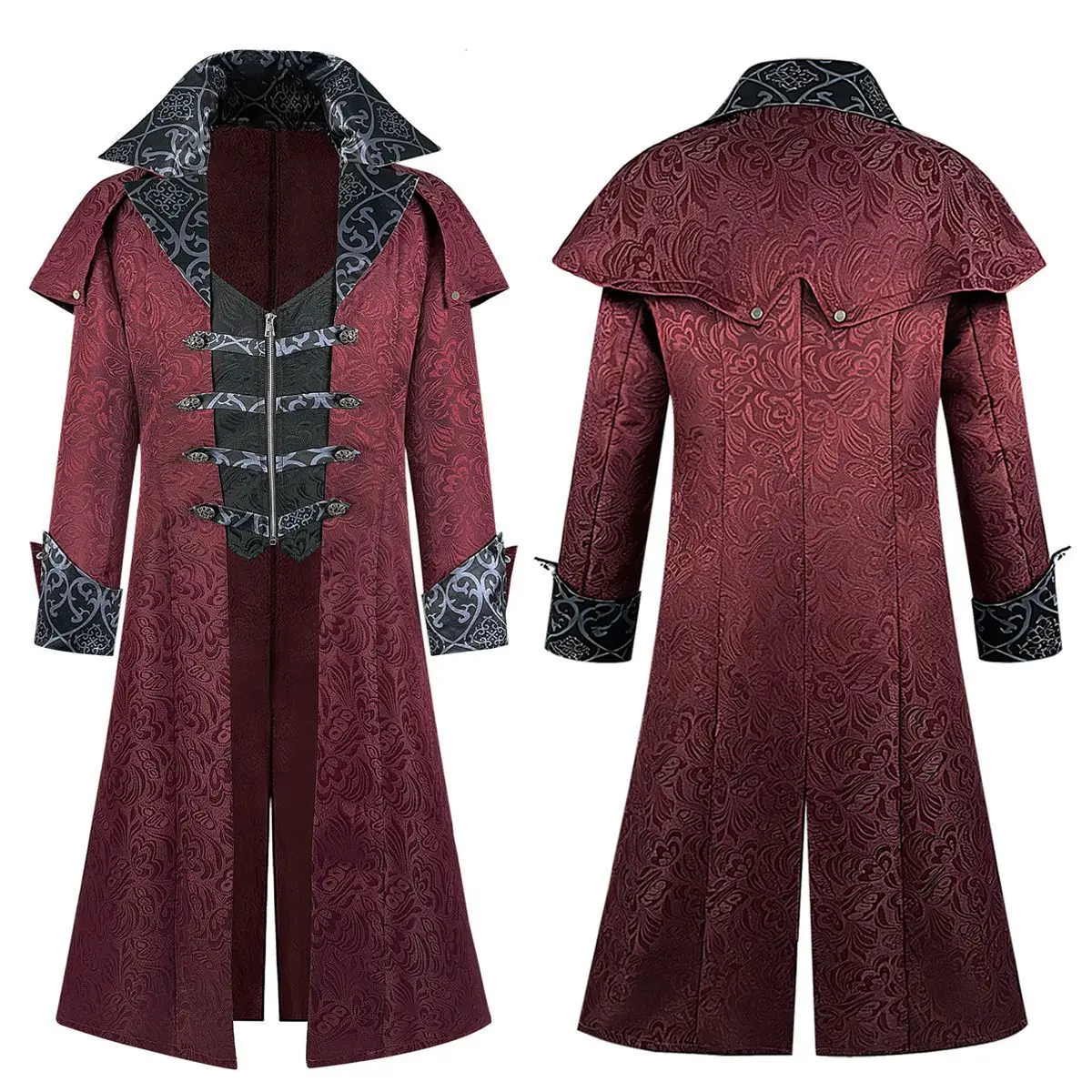 Men Medieval Gothic Jacquard Long Trench Coat Victorian Court Stand Collar Jacket Steampunk Vintage Overcoat Halloween Vampire C