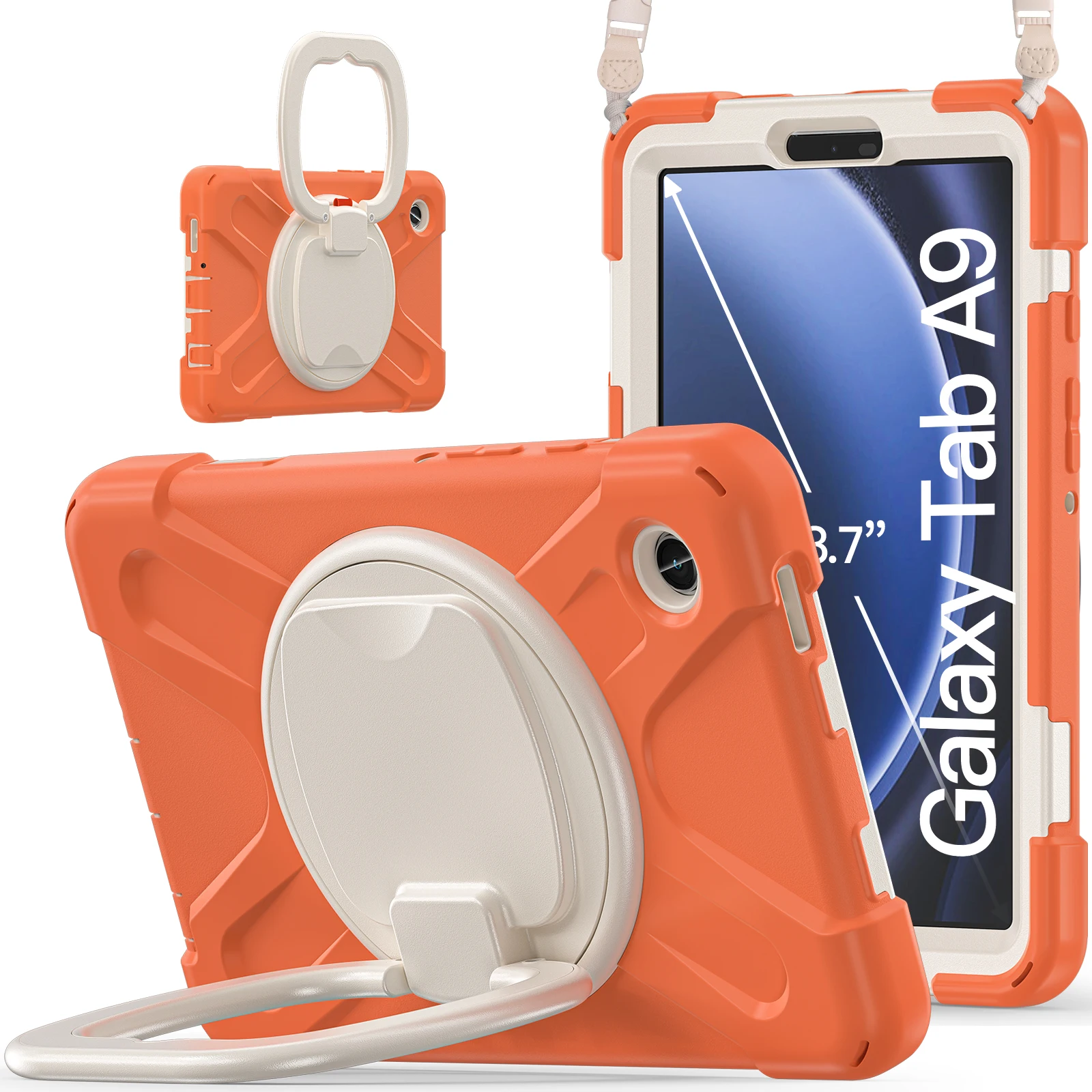 Kids Stand Case For Samsung Galaxy Tab A9 2023 8.7 inch SM-X110 X115 X117 360 Rotating Hybrid Cover Handle Grip Shoulder Strap