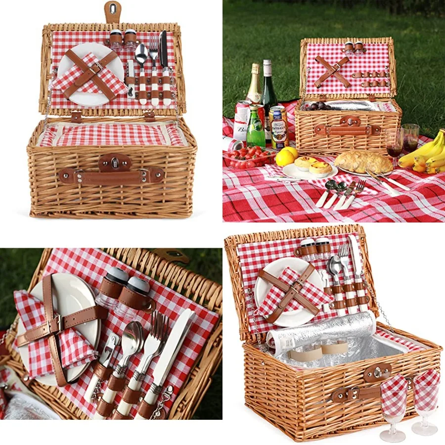 

Wicker Picnic Basket for 2 Person, Willow Hamper Basket Sets with Insulated Compartment, Handmade 2 Person Picnic Basket Classi