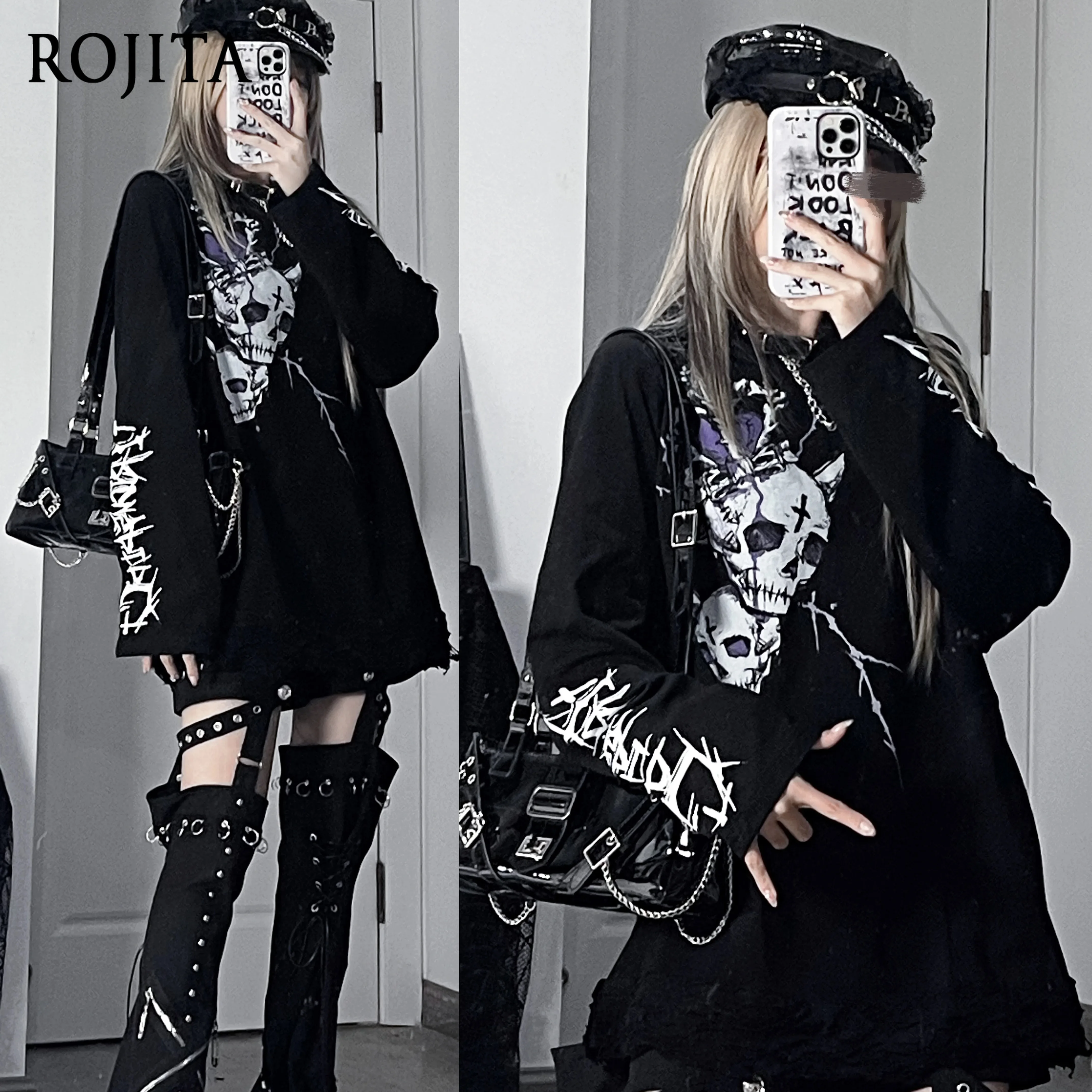 ROJITA Gothic Skull Heart Print Raglan Hoodie Women Distressed Hem Cross Thorn Graffiti Oversized Dark Harajuku Sweatshirt
