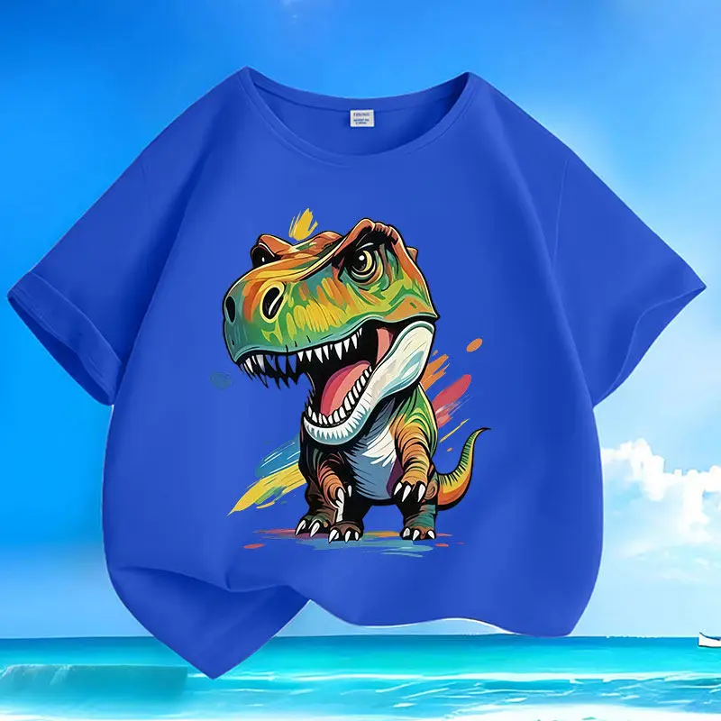 Colorful Dinosaur New Summer Children's Short Sleeved Pure Cotton Round Neck Loose Cartoon Parent-child Versatile Casual Top