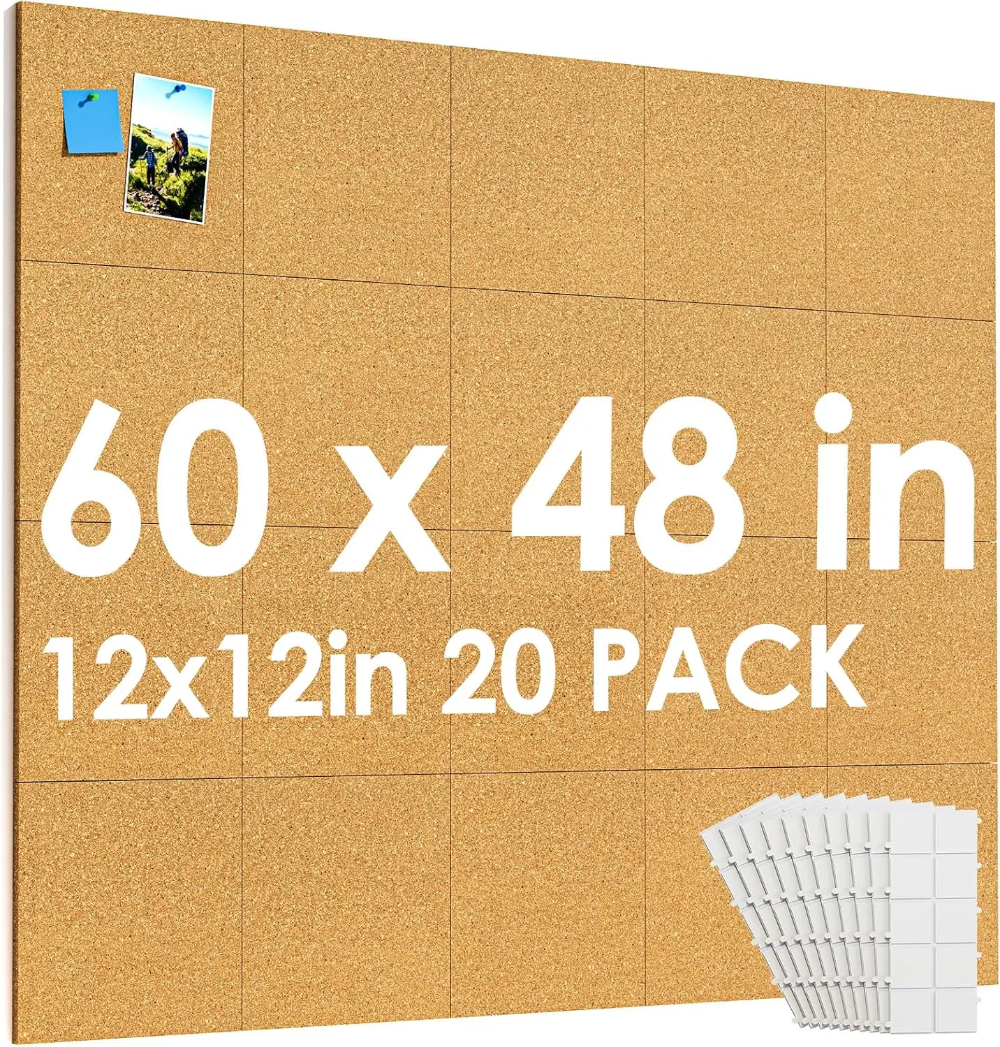 60x48 Inch Large Cork Board for Wall, 20 Pack 12x12 Cork Tiles with 40 Pushpins & Removable Adhesive Tabs for Office School Home