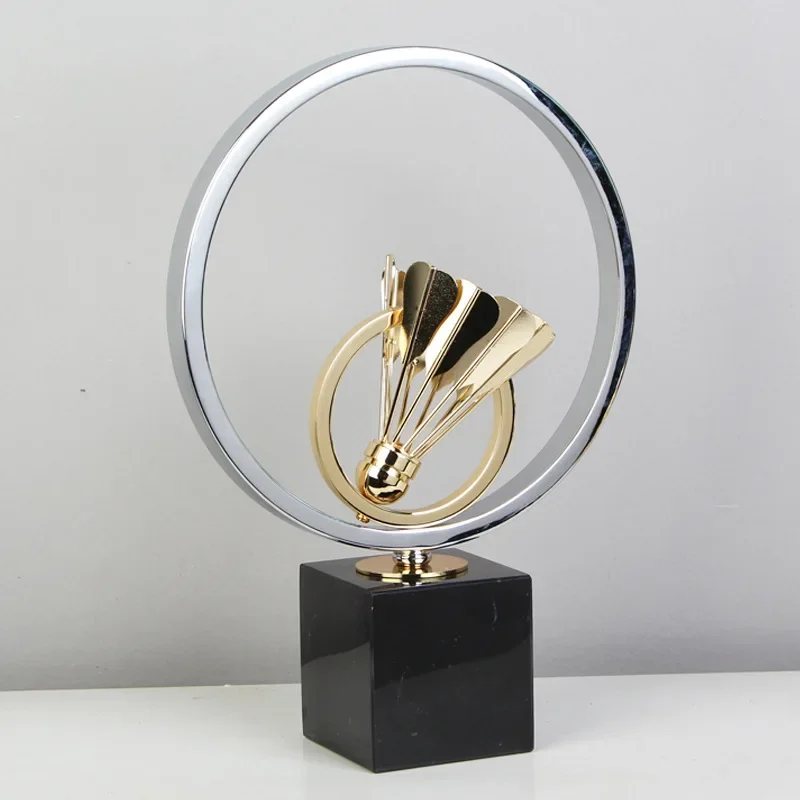 Metal Handicraft Golden Badminton Sports Trophy Geometric Hollow Ornament Metal Decorative Figurines Home Decoration Accessories