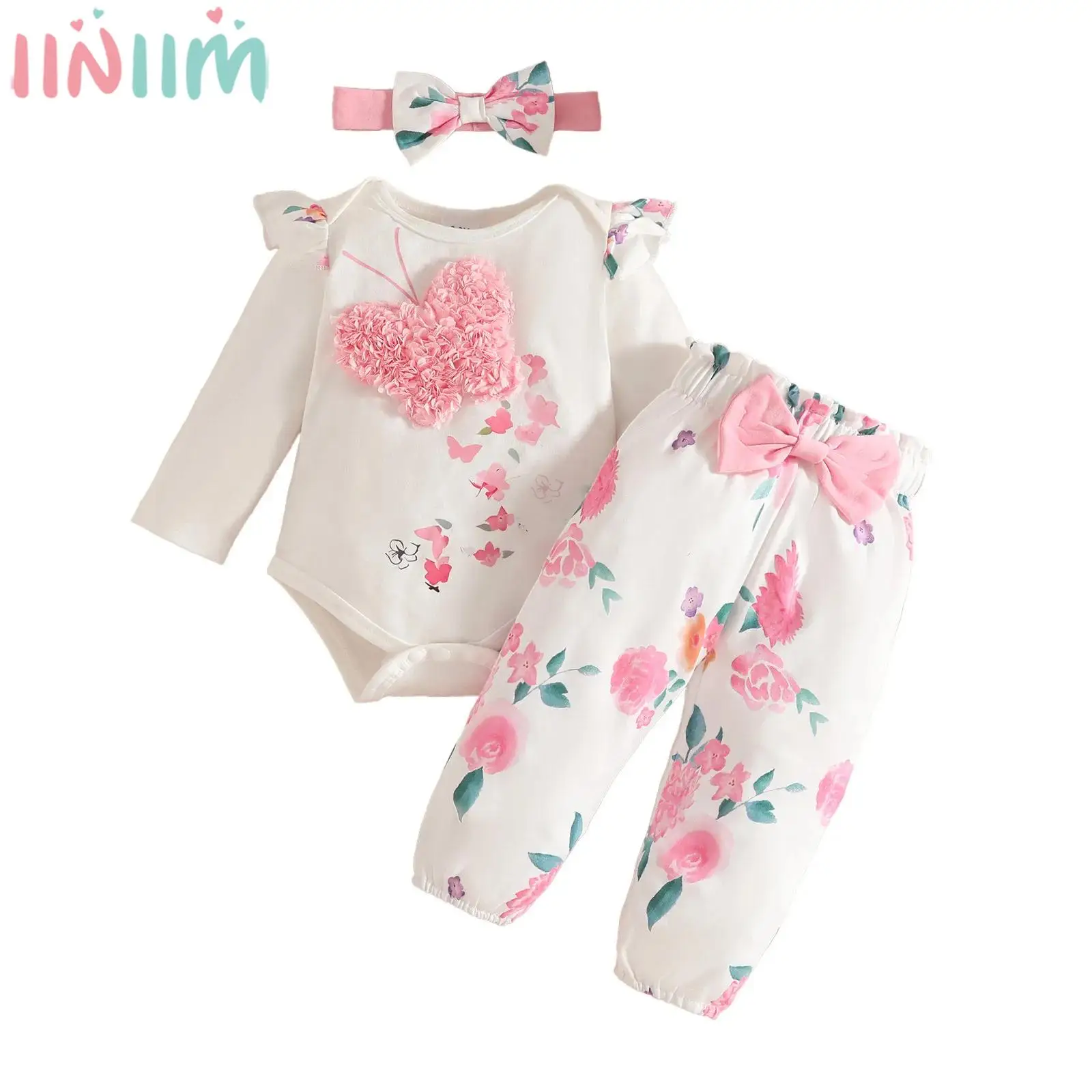 

Baby Girls 3-Piece Casual Outfit Long Sleeve Butterfly Romper with Bow Floral Print Pants Headband Spring Autumn Sweet Cute Set