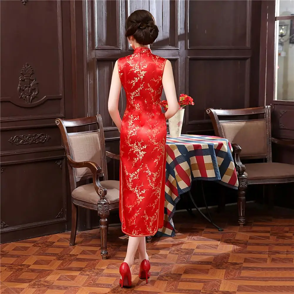 Plate Button Cheongsam Elegant Floral Print Cheongsam Dress for Women Qipao with Split Hem Retro Chinese Style for Wedding