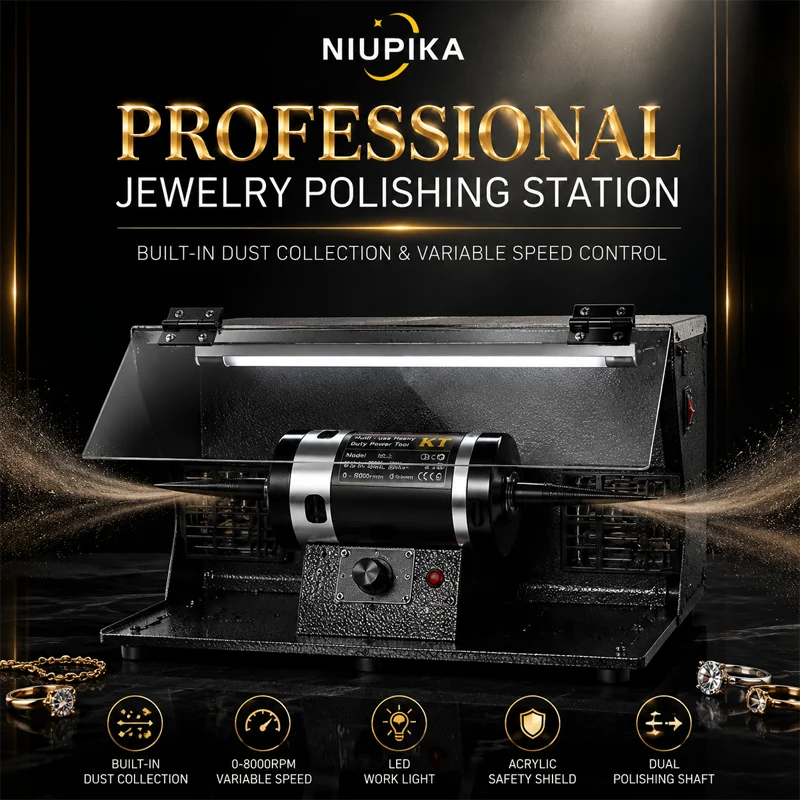 

NIUPIKA Jewelry Polishing Station 200W Bench Buffer Polisher Lathe Machine 8000RPM Variable Speed with Dust Collector LED Light