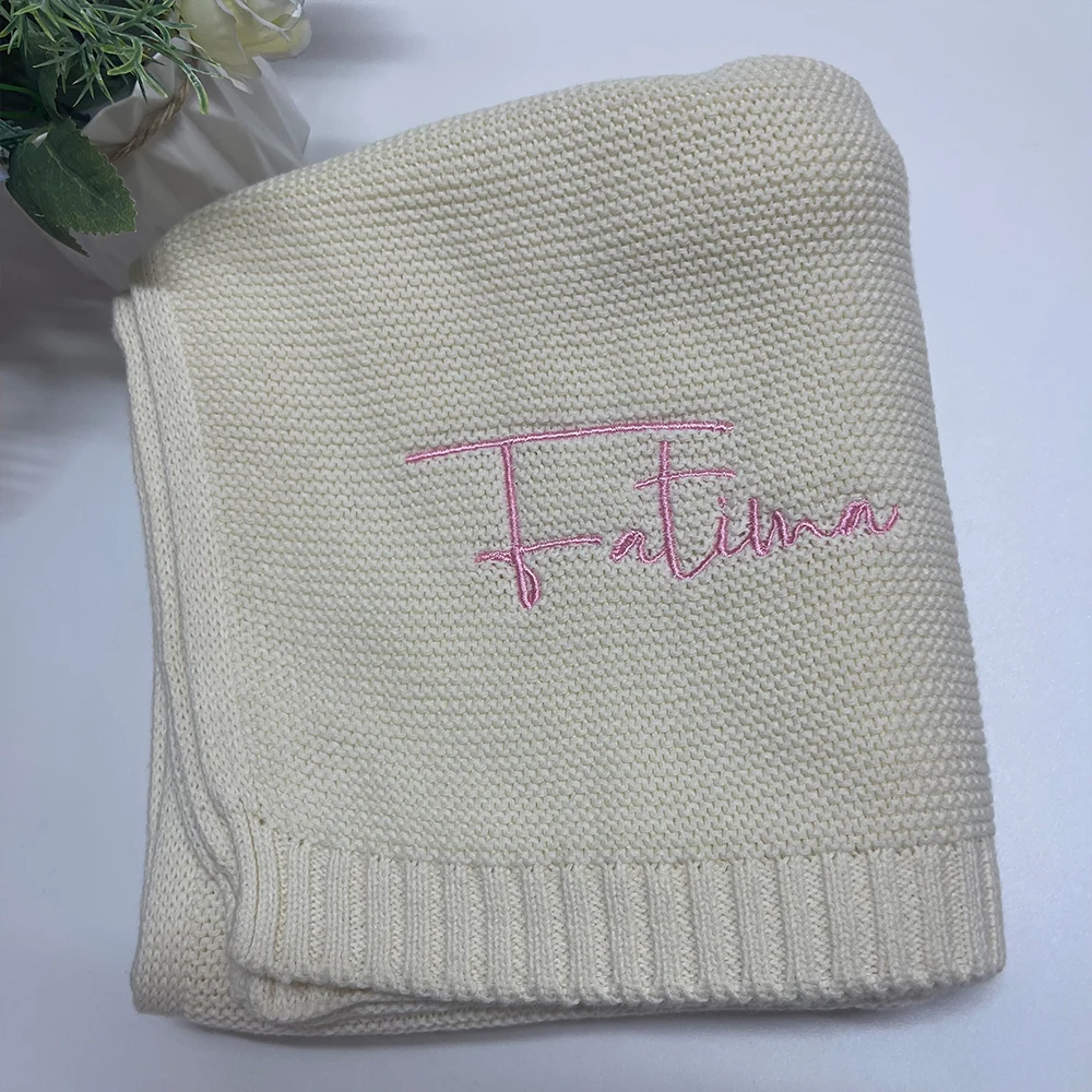 Newborn Knitted Blanket Baby Gift Personalized Name Baby Shower Stroller Blanket Custom Baby Birth Announcement Embroidered Gift