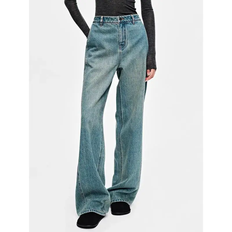 

Maxdutti Minimalist Women's Washed Mid High Waist Retro Distressed Split Straight Leg Denim Pants Woman Clothes Wide Leg Jeans