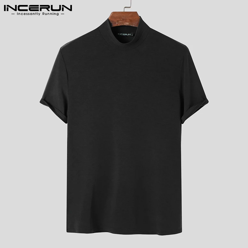 INCERUN maglietta da uomo tinta unita dolcevita 2024 manica corta Fitness abbigliamento Casual da uomo Streetwear tempo libero Camisetas sottile