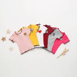 Girls Summer New Short sleeved T-shirt Candy Color Embroidered Wood Ear Edge Sweet Cute Casual Clothing Children's Clothing Girl