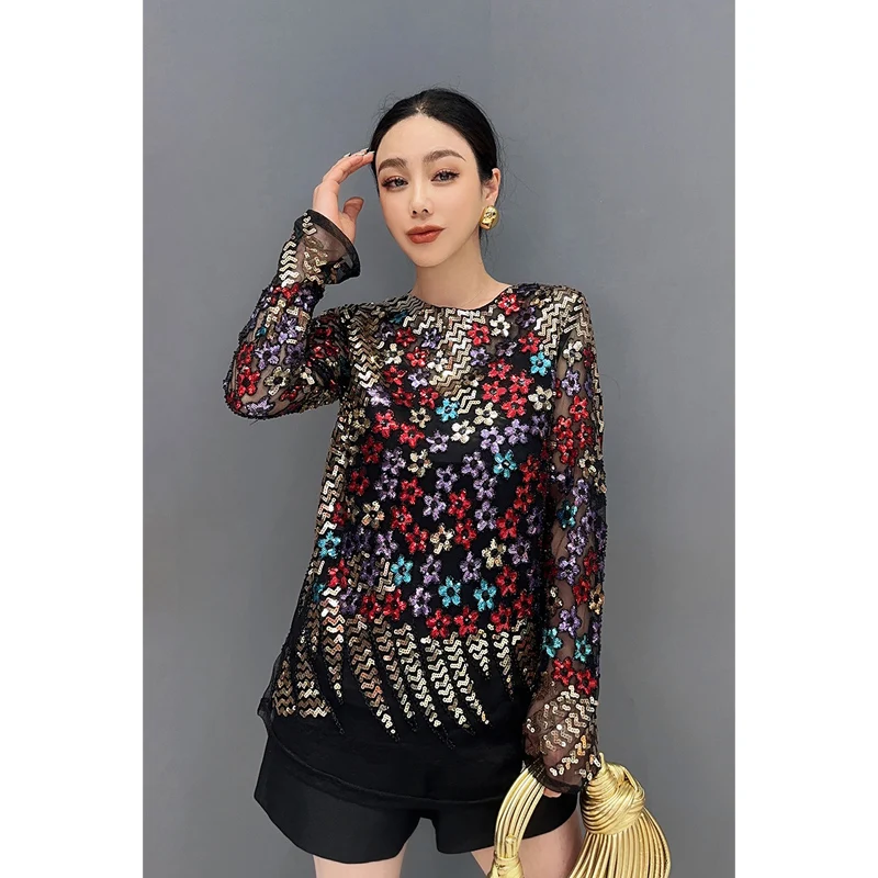 

SuperAen Spring Autumn 2024 New Heavy Industries Sequin Long Sleeve Mesh O Neck Sexy Fashion Elegant T-shirt