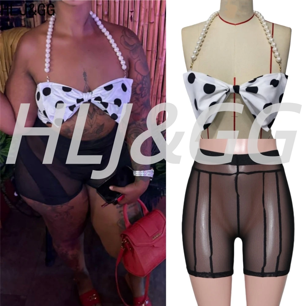

HLJ&GG Fashion Polka Dot Print Halter Bow Top Two Piece Sets Women Sleeveless Backless Slim Top + Mesh Shorts Outfits Streetwear