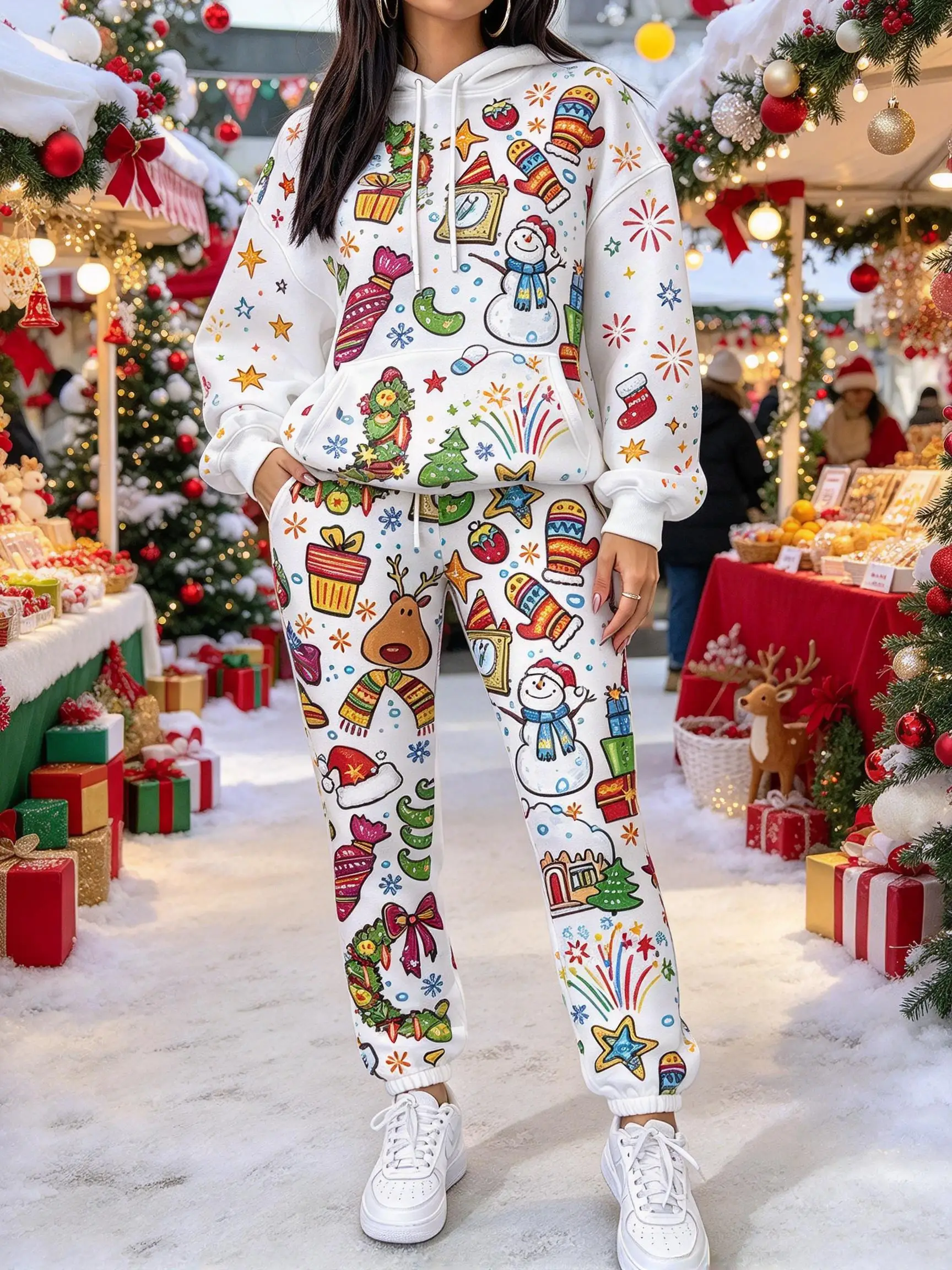 Ladies Cute Christmas Full Printed Hooded Sweat Suit, Long Sleeve Hoodie & Drawstring Joggers, Winter 2 Piece Outfit