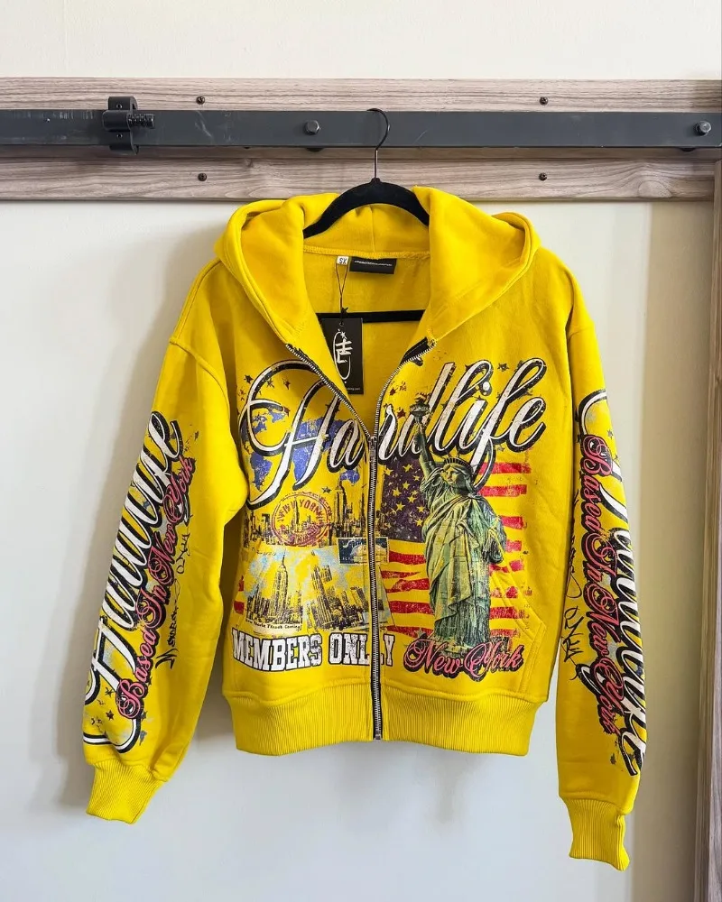 2025 European and American retro fashion men printed zipper hoodie Harajuku Goth streetwear coat couple oversized sweatshirt