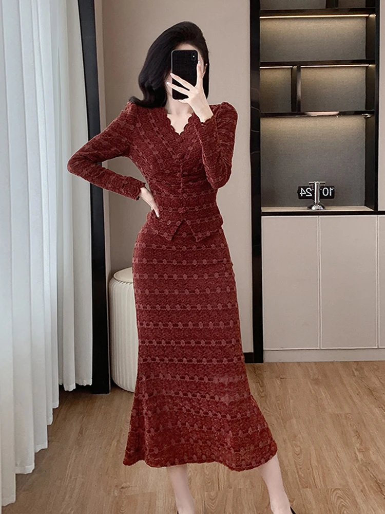 Fall Fashion Celebrity Light Luxury Temperament Lace Two Piece Set Women\'s V Neck Puff Sleeve Top+High Waist Mermaid Skirt Suits