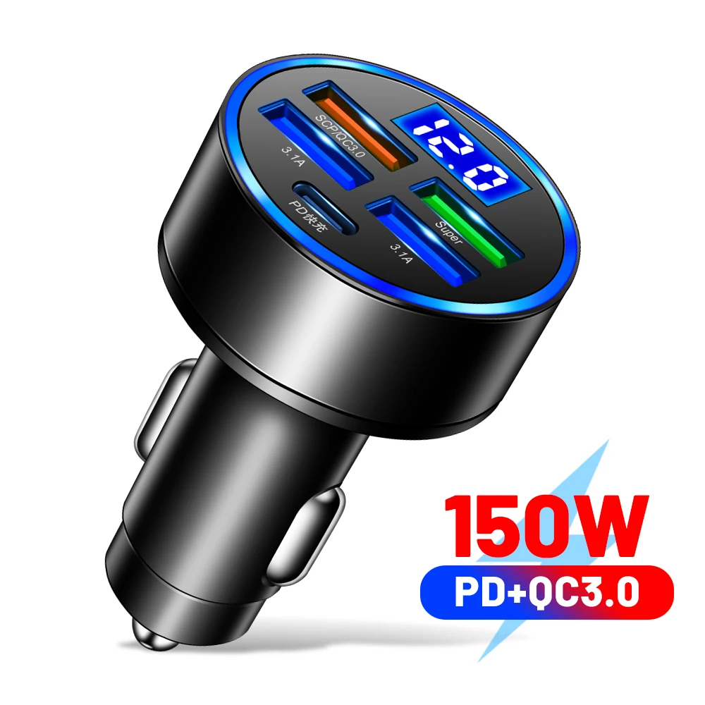 5-Port 150W PD QC 3.0 Autoladegerät mit schneller Ladefunktion und digitaler Anzeige für iPhone, Samsung, Huawei, Xiaomi, Typ-C-USB-Ladeadapter