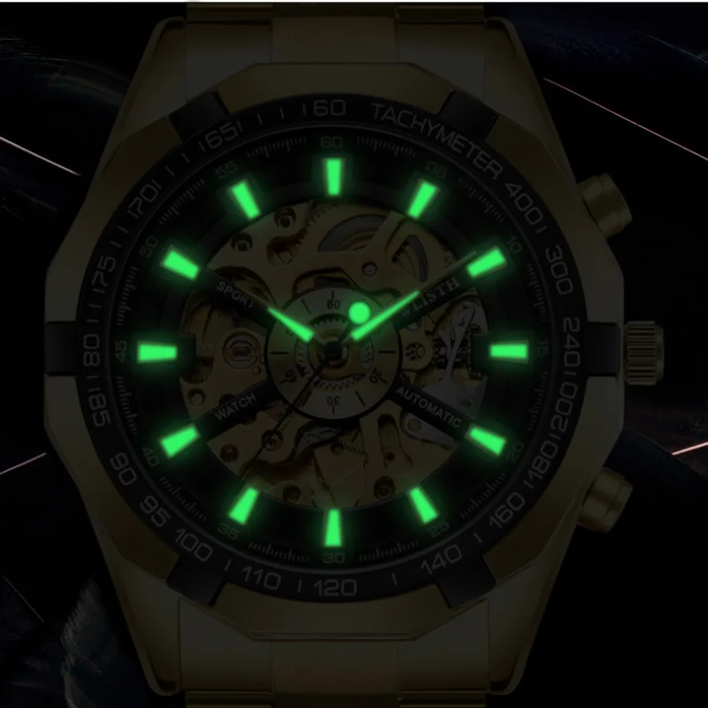 Full Gold Automatic Watch Men 3D Skeleton Dial Irregular Tourbillon Skeleton Mechanical Wristwatches Luminous Hands Clock