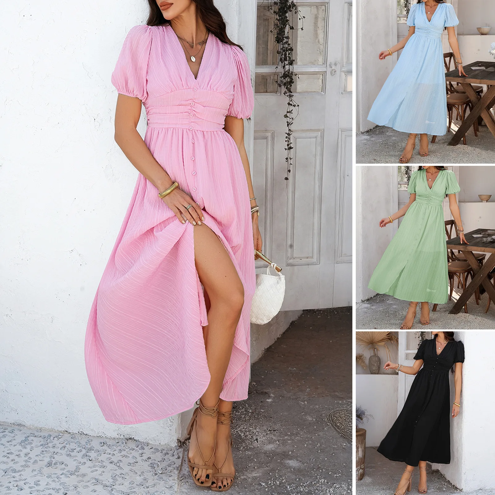 

Diyun 2025 Spring And Summer Amazon Leisure Commuter Vacation Style V-neck High Waist Short Sleeve Split Dress Women