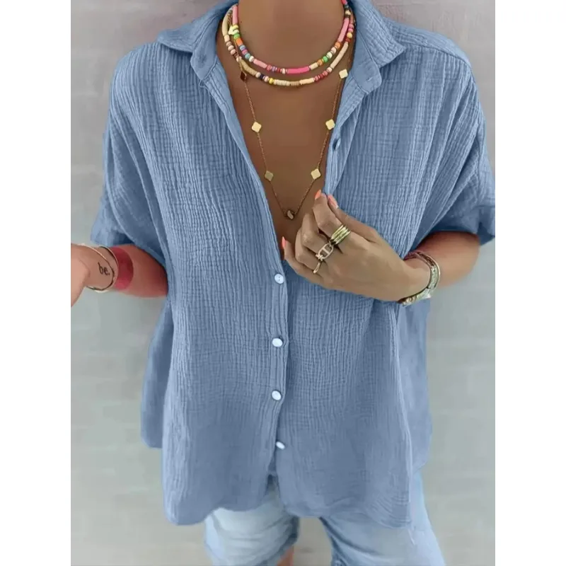 

Plus Size 1XL-5XL New Women's Fashionable Solid Color Texture Shirt Women Casual Short Sleeved Lapel Tops Shirt