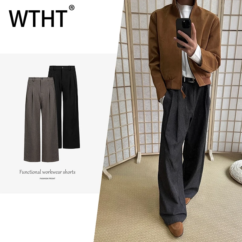 

WTHT Fahion 2025 Autumn Men's Pleated Solid Color Loose Blazer Pants Trendy New High-waisted Straight Trousers Male 2A2396