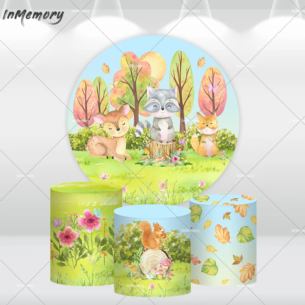 

Cartoon Woodland Party Round Backdrop Cover Custom Forest Animals Fox Bear Deer Circle Background Photobooth Candy Table Banner