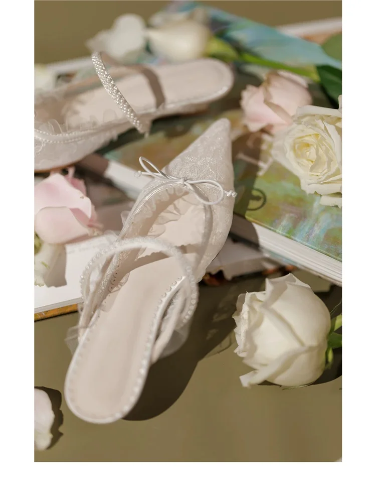 Summer new pointed lace bow pearl low-heeled slope-heeled fashion slippers wedding shoes banquet large-size flat women's sandals