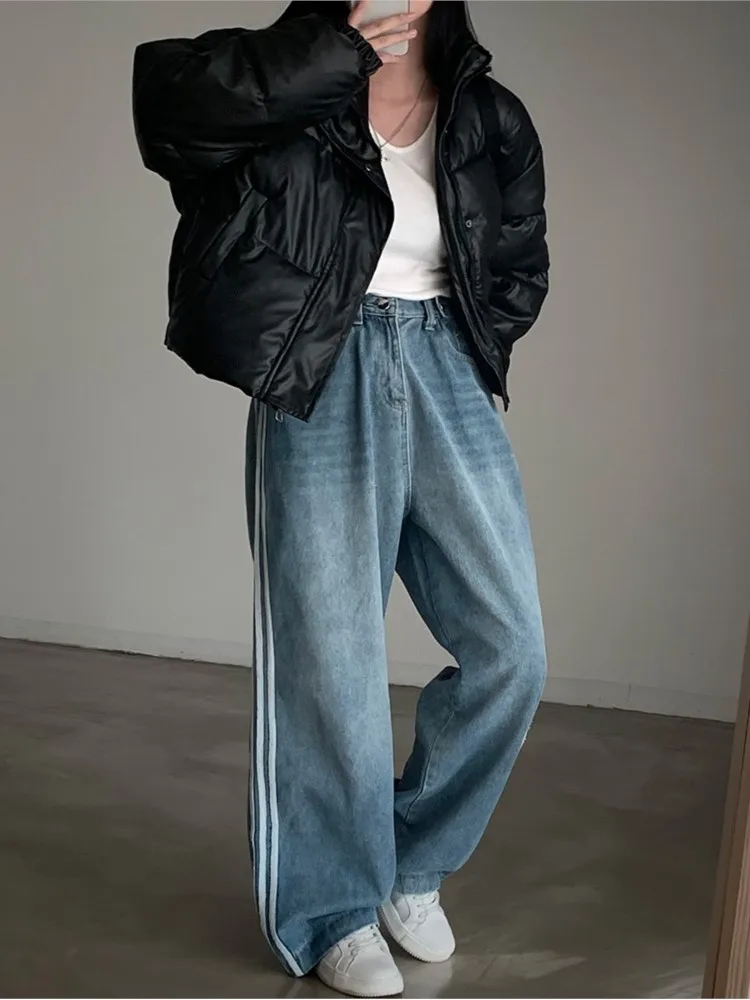 Jeans Autumn Winter Pant Women Striped Casual Fashion Loose Korean Pleated Ladies Trousers High Waist Wide Leg Woman Pants 2023