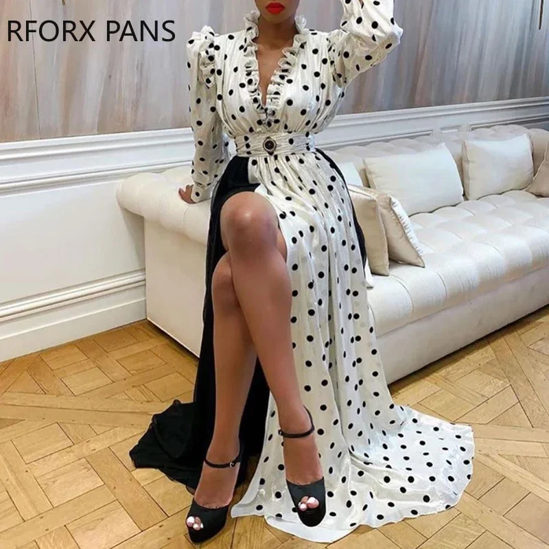 Polka Dot Ruffle Trim Mesh Dress Maxi Dress Party Dress V-Neck  Long Sleeve Elegant Boho Beach