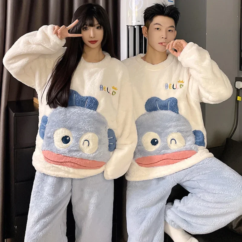 Cartoon Sanrio couple pajamas winter plush warm round neck loose jade cinnamon dog two-piece loungewear women\'s pajamas set