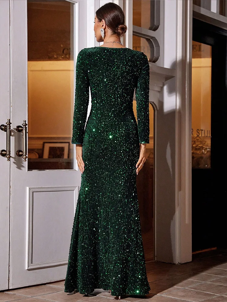 TOLEEN abiti lunghi fino al pavimento da donna elegante abito da sera con paillettes Sexy fianchi Slim-fit abito da sera di lusso di lusso verde