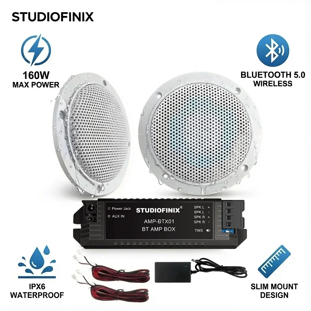 STUDIOFINIX 2 قطعة مكبرات صوت بخاصية البلوتوث مقاس 4 بوصات مقاومة للماء - مجموعة سماعات بحرية بقدرة 160 وات للحمام والمطبخ والمنزل والتخييم في الهواء الطلق
