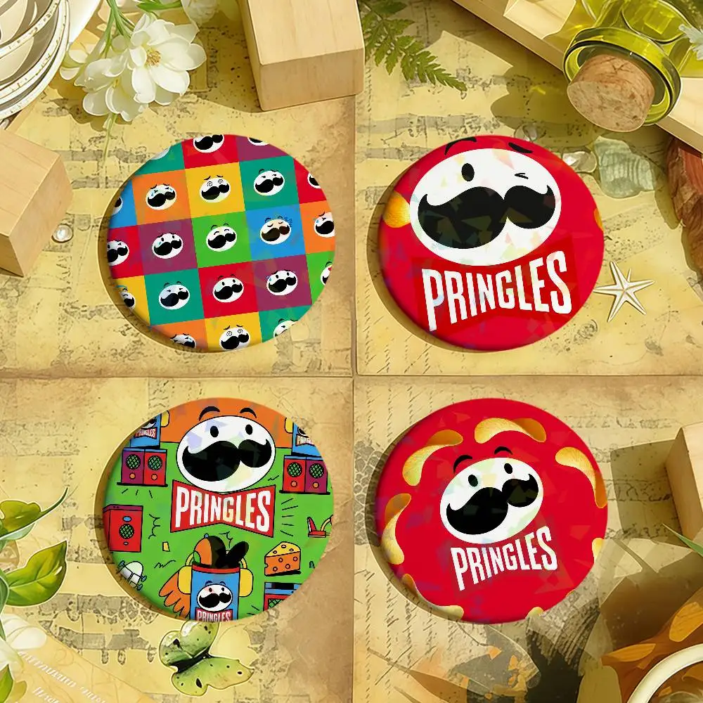 Funny fashioin art P-Pringles m-Man c-Chips Round Pin Brooch Laser Badges Collect Gifts Cosplay Clothes Backpack Decor