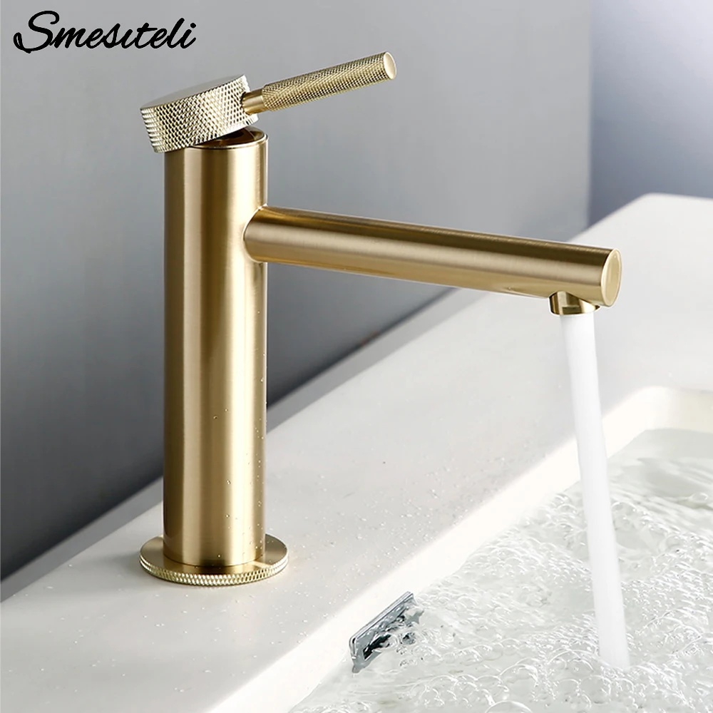 Brushed Gold Basin Faucet Hot And Cold Water Sink Tap Bathroom Mixe Knurled Single Handle Deck Mounted