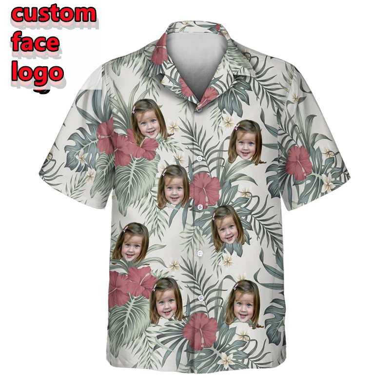 Custom Face Unisex Hawaiian Shirt Tropical Leaves Personalized Vacation Beach Shirt Gift For Men Women Button Up Summer Blouse