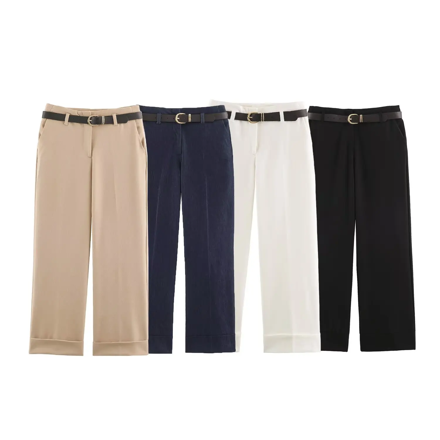Women Solid Color Wide Leg Pants High Waist Turn Up Cuff Hem With Metal Buckle Belt Elegant Commuter Casual Long Trousers
