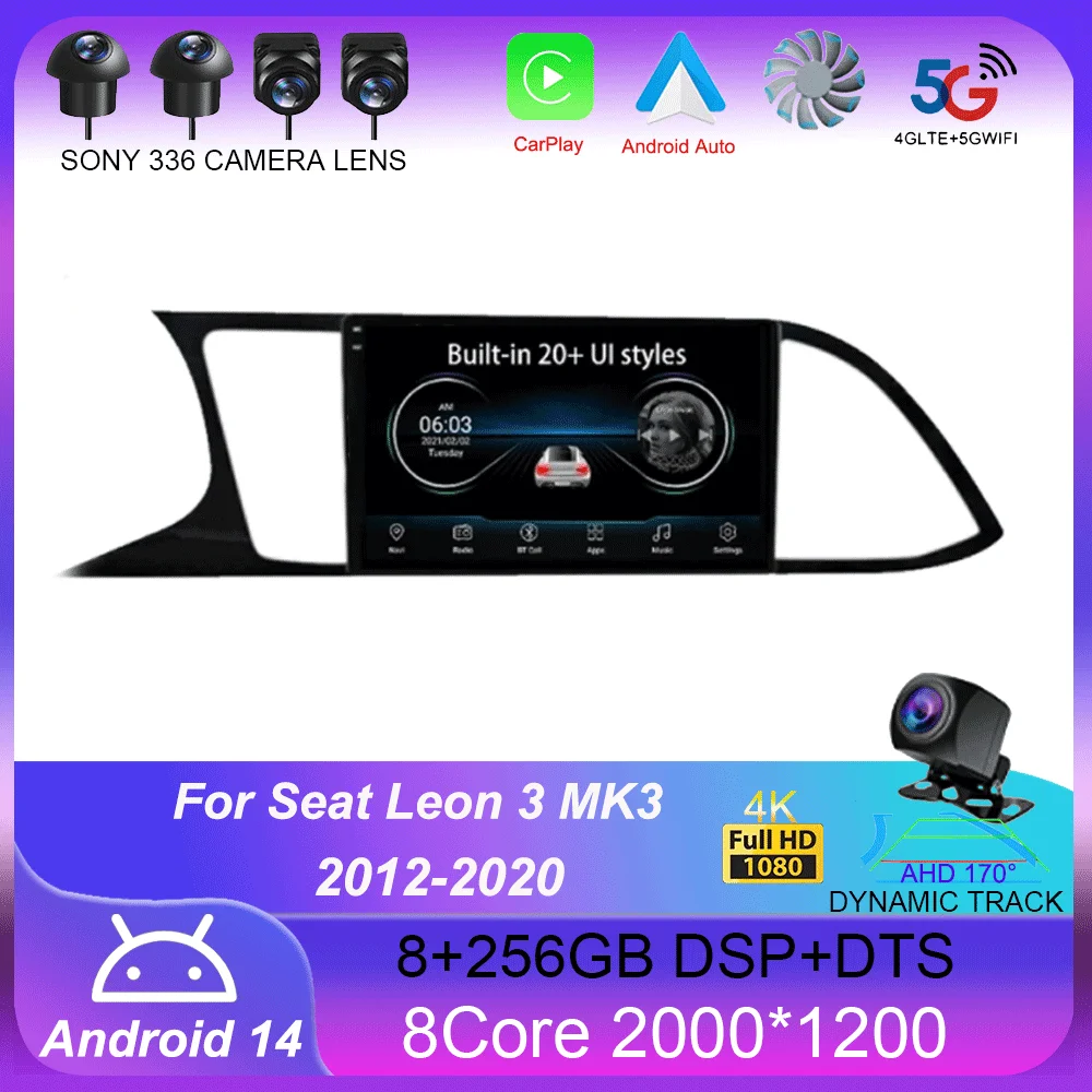 Car Radio Android 14 Carplay Auto For Seat Leon 3 MK3 2012-2020 GPS Navigation 4G WIFI Multimedia Video Player Stereo 360 Camera