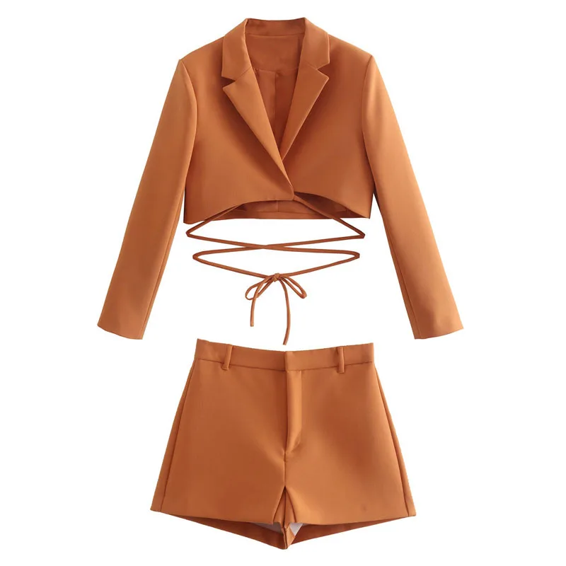 

Women Cropped Blazer Suit Tie Long Sleeve Jacket And Shorts 2 Piece Set Vintage Female Outerwear Chic Veste Femme Outfits 2022