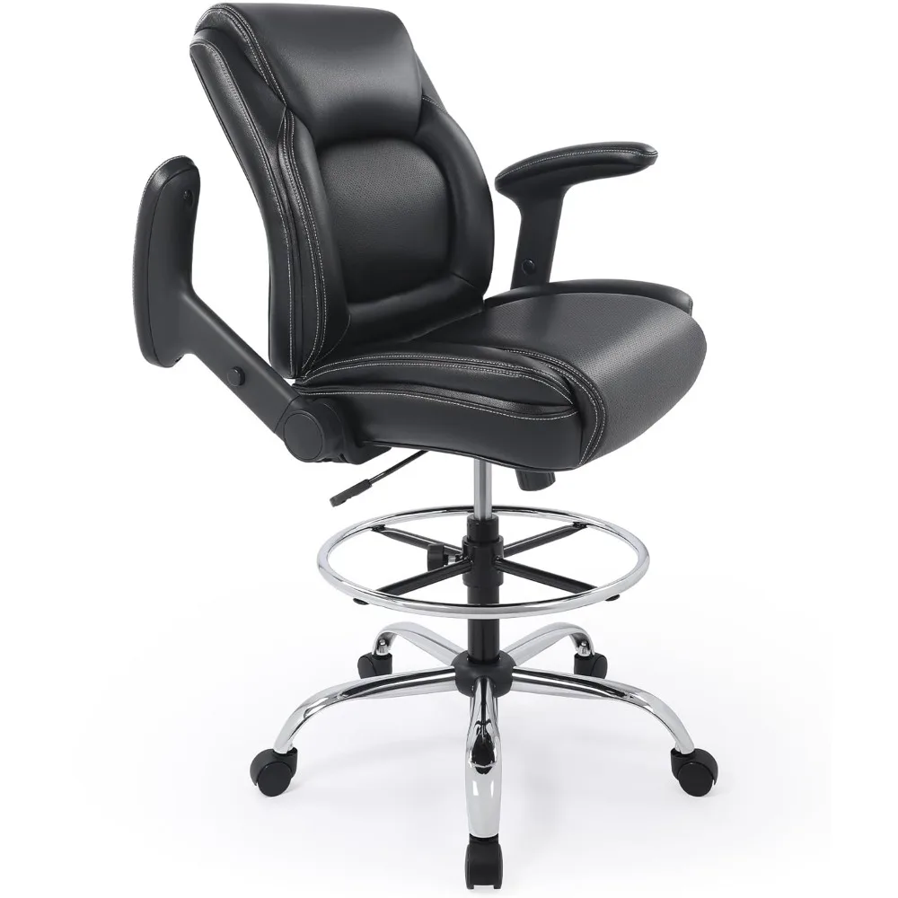 Ergonomic Mid-Back Premium Faux Leather Adjustable Drafting Chair with Multi-Function Arms and Foot Ring