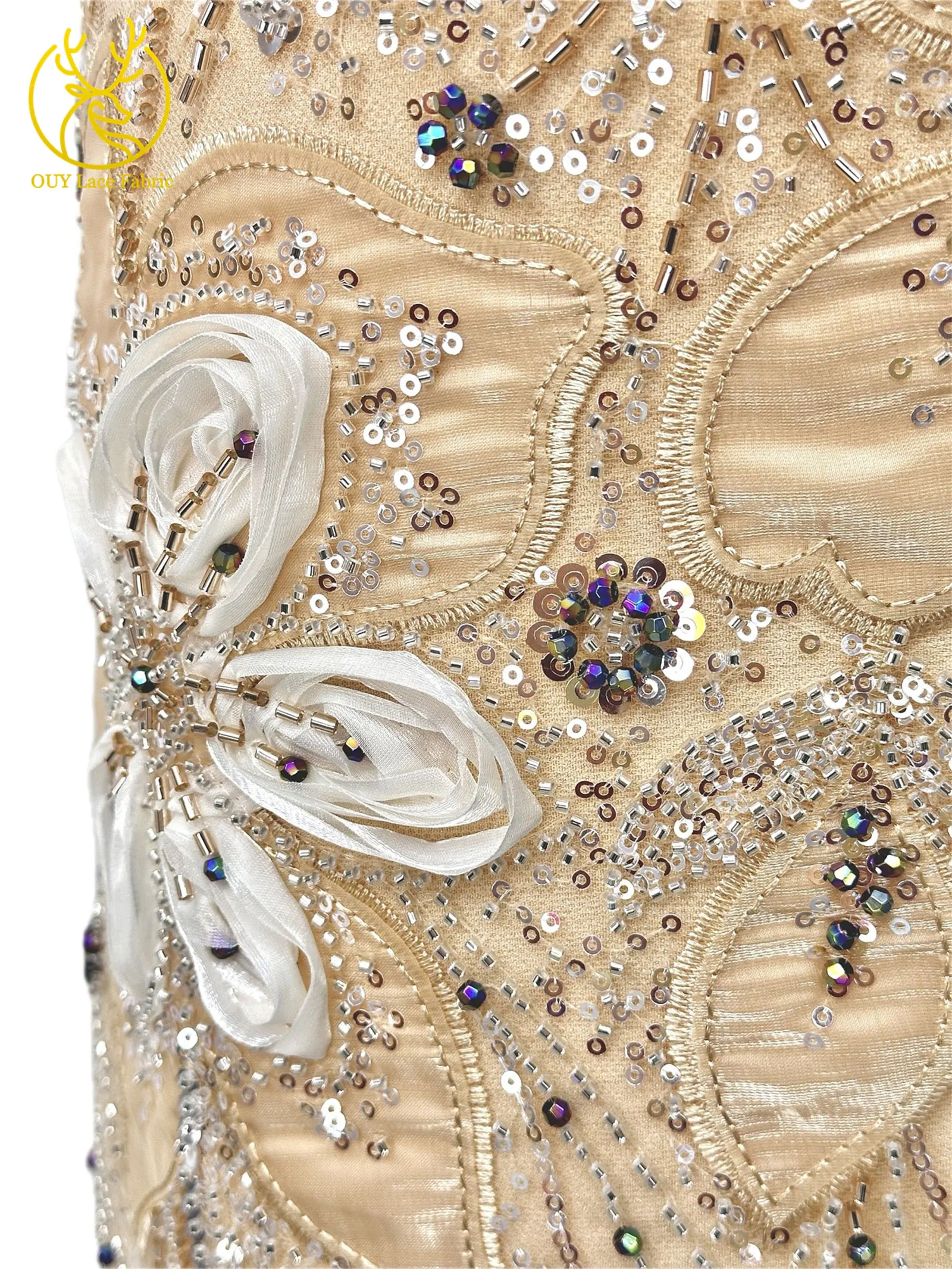 3D-Blumen-Tüll, afrikanischer Spitzenstoff, eleganter französischer nigerianischer Perlen-Pailletten-Mesh-Spitzenstoff für Damen, Hochzeitskleid-Design-Stoff – Detail 9