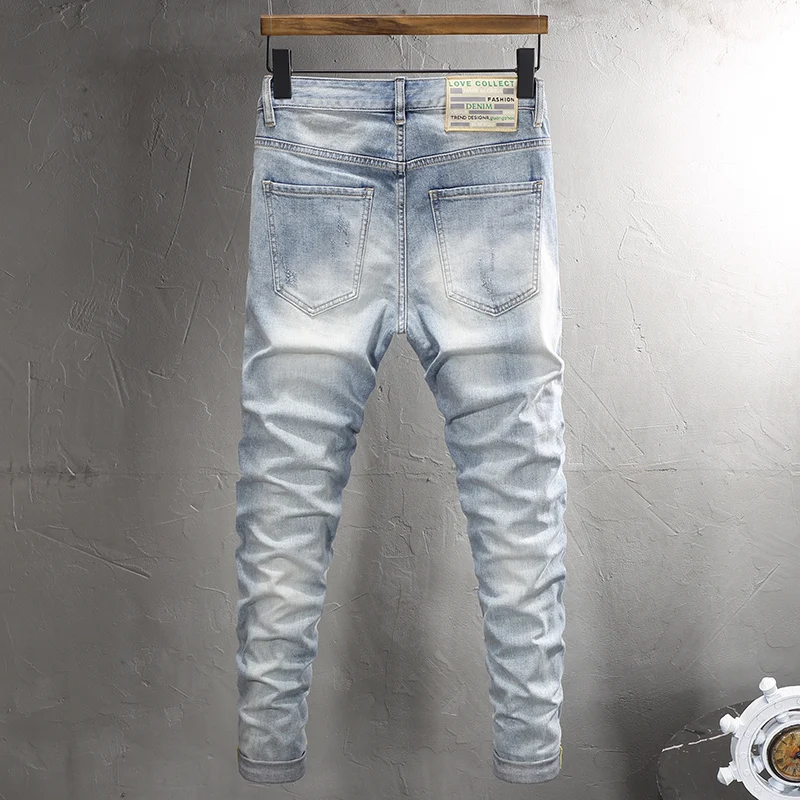 High Street Fashion Men Jeans Retro Light Blue Elastic Stretch Skinny Ripped Jeans Men Patch Designer Hip Hop Denim Pants Hombre