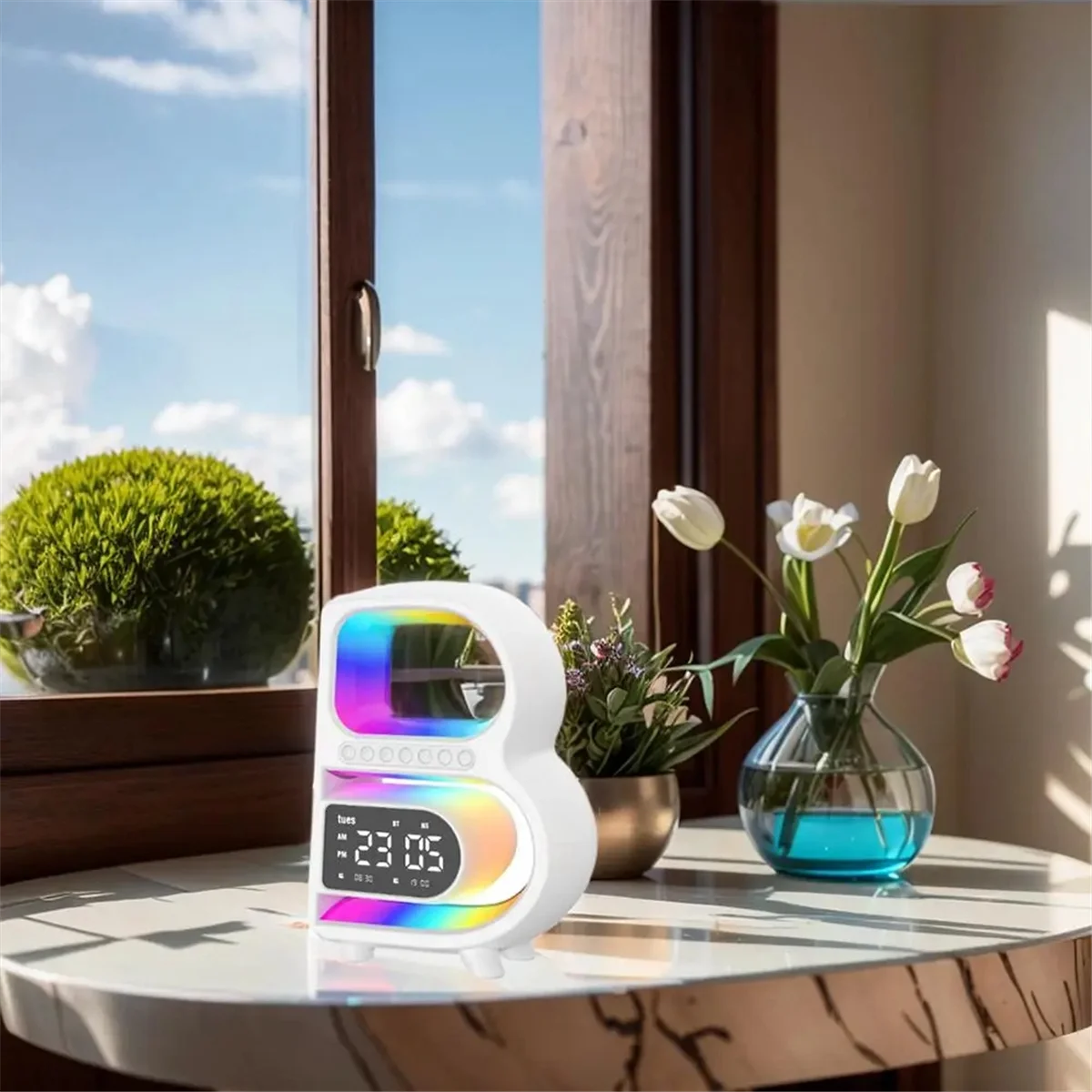 B Shape Smart Speaker LED Wireless Fast Charger Bluetooth Speaker RGB Rainbow Atmosphere Music Pulsating Player Clock