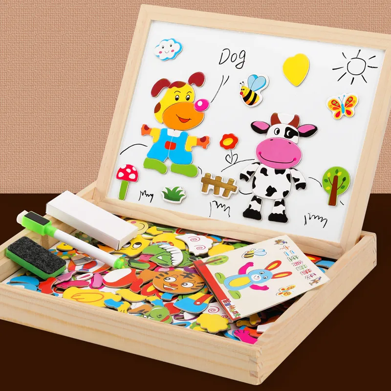 100 + szt drewniane wielofunkcyjne dzieci Puzzle ze zwierzętami pisanie tablica magnetyczna tablica nauka zabawki edukacyjne dla dzieci