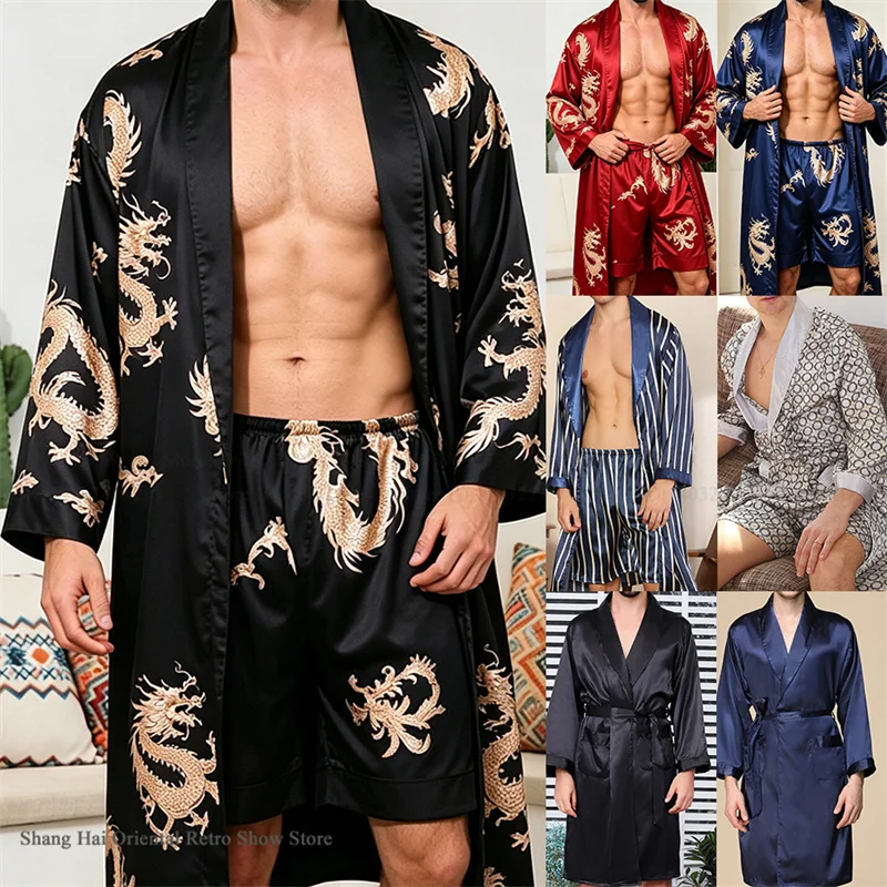 Plus Size Men's Nighty&Robe Set Spring Summer Ice Silk Pajamas Set Sleepwear Loose Casual Home Clothes Nightwear Male Loungewear