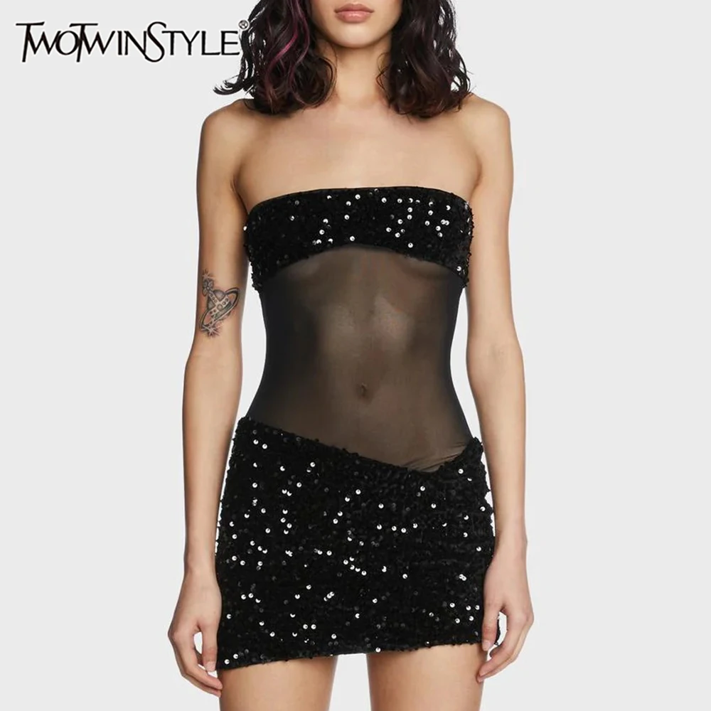 TWOTWINSTYLE Slimming Sheer Spliced Sequins Sexy Dresses for Women Strapless Sleeveless Fashion Mini Dress Female Clothing New