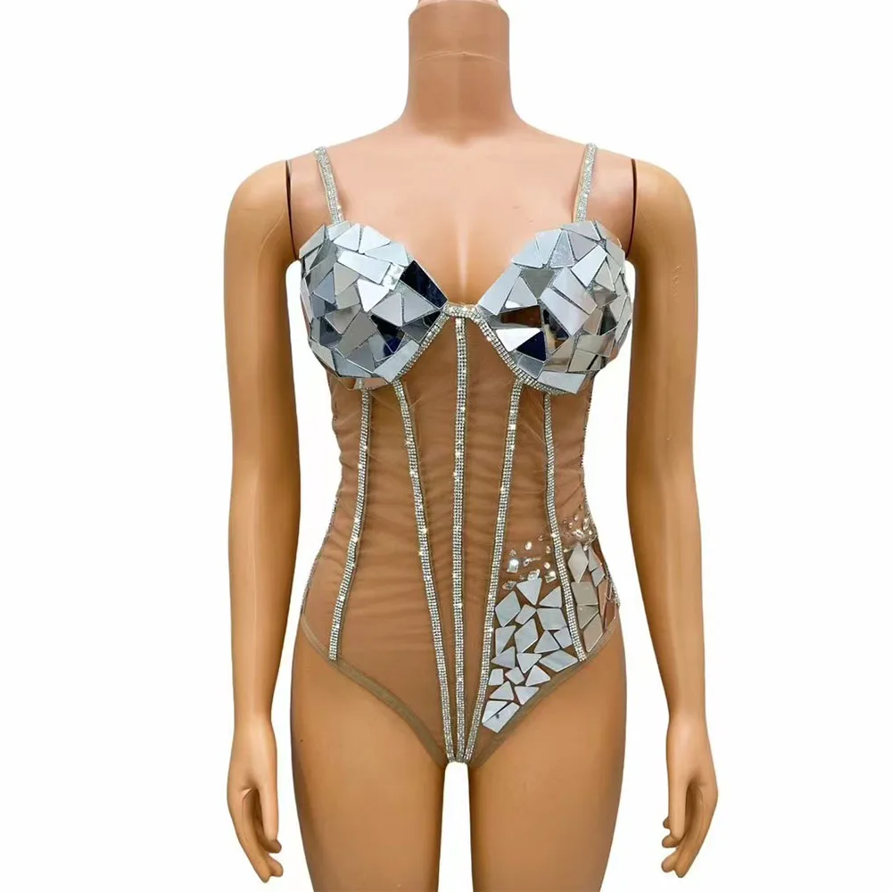 

Sexy Stage Nude Mesh Leotard Sparkly Mirrors Rhinestones Bodysuit Singer Dancer Perform Costume Birthday Party Club Vestido